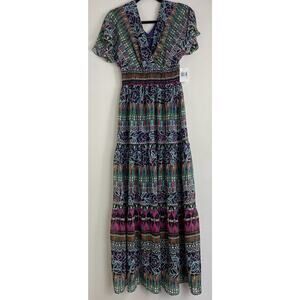 Chris McLaughlin Size 4 Boho Maxi Dress Multicolor Tribal Floral Print V Neck
